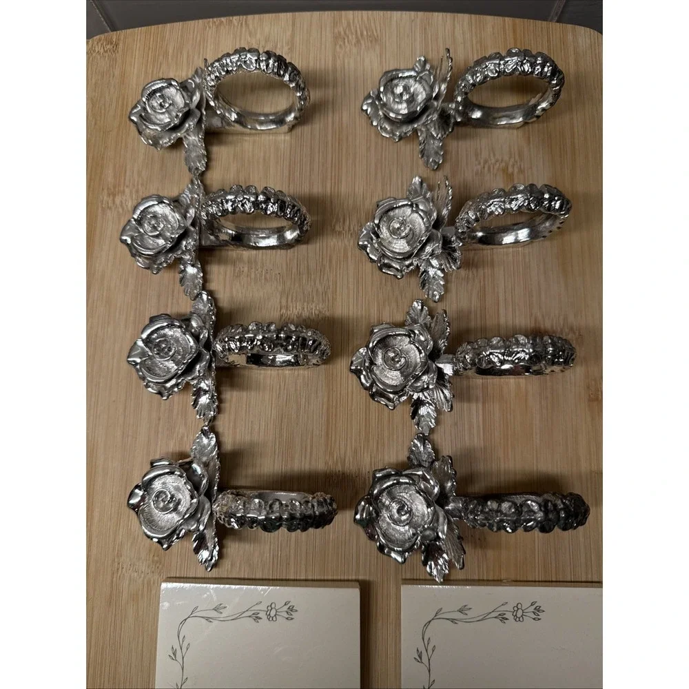 Vintage Silver Tone Metal Rose Design Princess House Victorian Rose Set Of 8